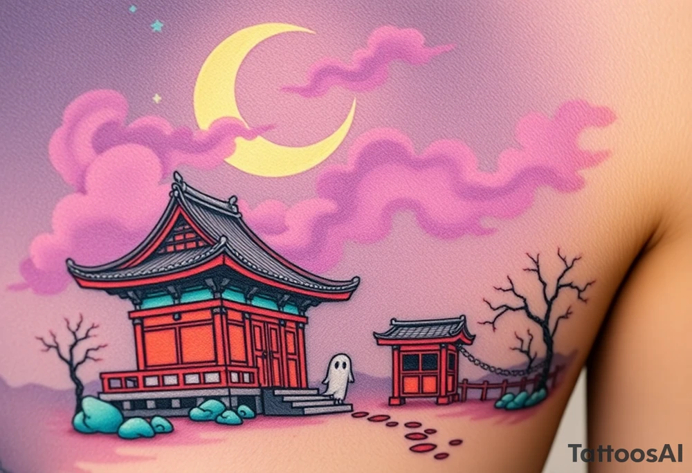 Tim Burton’s haunted pastel Tokyo shrine is abandoned except for one lone samurai ghost and dripping with muted reds, dusty pinks, and eerie green glow.purple and cyan smokey clouds swirl in the crescent moonlit sky thats sprinkled with stars tattoo idea tattoo idea