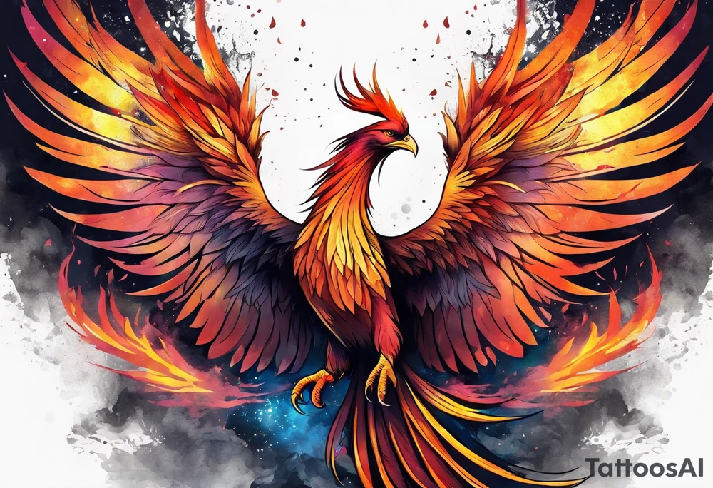 Rising phoenix against dark background, tall length tattoo idea