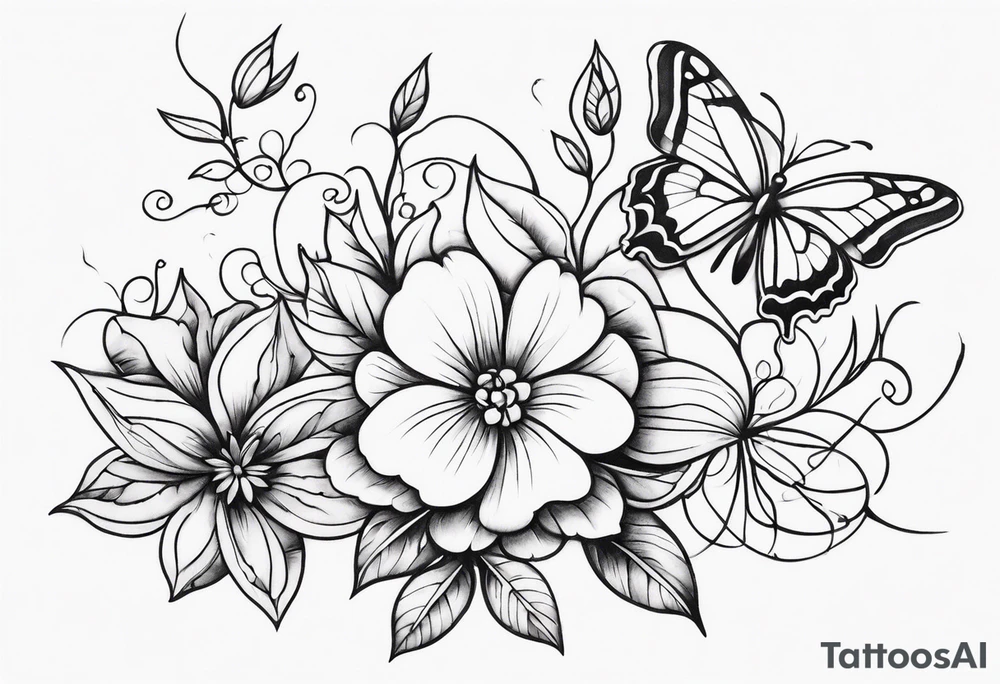 flower, vines, and butterflies with shading tattoo idea