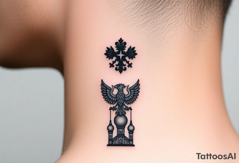 Stacked Vertical Column 

Russian star — small, bold
Middle: Miniature double-headed eagle — simplified, cleaner lines to suit the smaller space
Bottom: Orthodox church dome(s) with a small Virgin Mary silhouette beneath tattoo idea