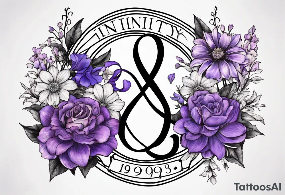 Infinity symbol with violet, rose, larkspur and aster birth flowers on one
 side of the symbol the date 8.30.1997 on the other side tattoo idea