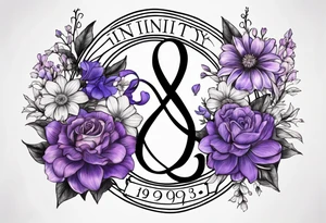 Infinity symbol with violet, rose, larkspur and aster birth flowers on one
 side of the symbol the date 8.30.1997 on the other side tattoo idea