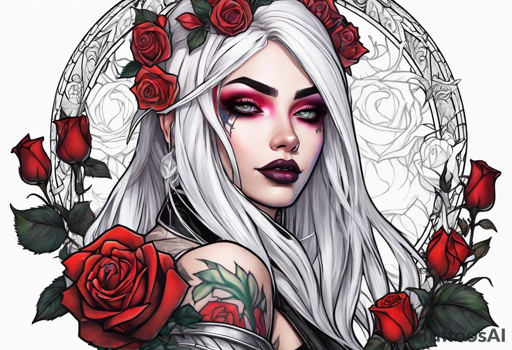 night elf designed like harley quin with white hair and roses tattoo idea