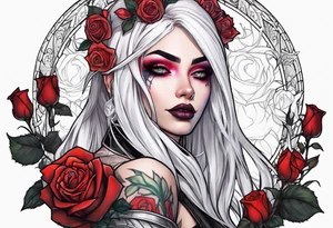 night elf designed like harley quin with white hair and roses tattoo idea