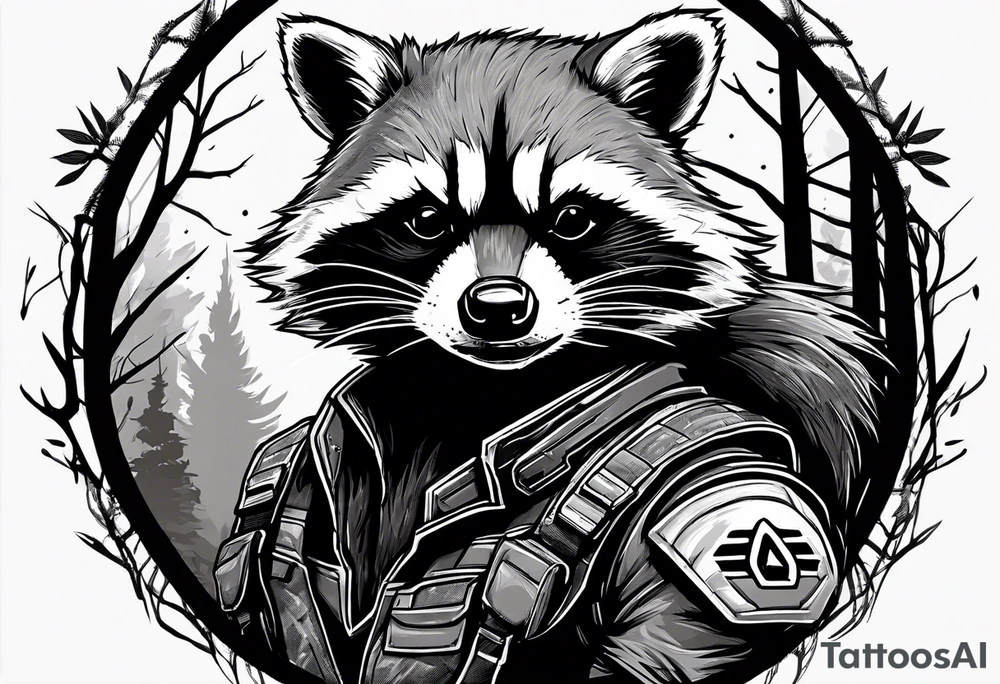 rocket raccoon in a defensive position in a forest tattoo idea