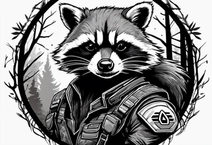 rocket raccoon in a defensive position in a forest tattoo idea