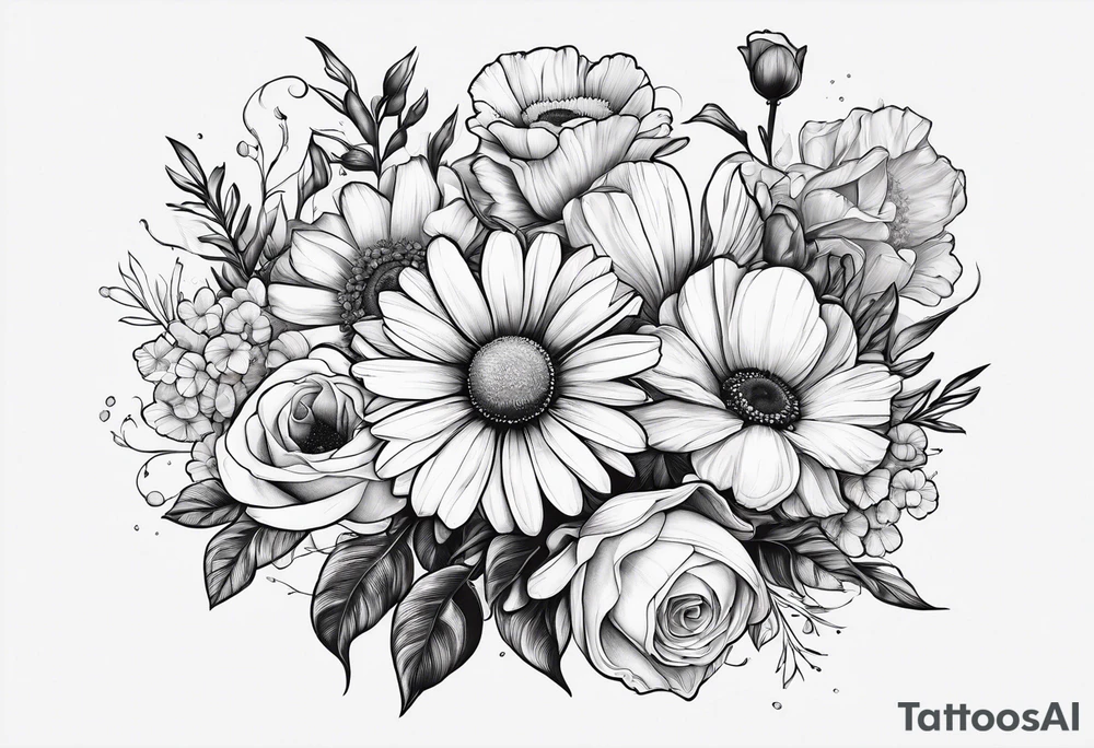Bouquet of a Daisy, rose and poppy. Masculine. tattoo idea