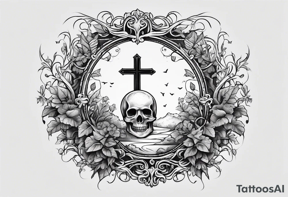 Grave with leafy vines wrapped around it tattoo idea