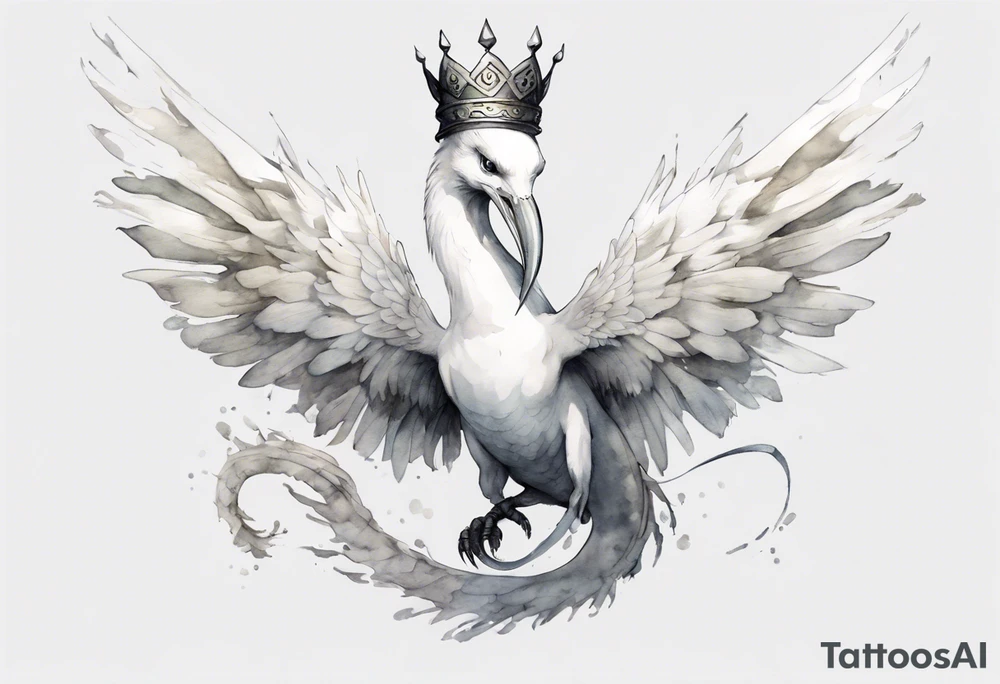 a white bird-serpent hybrid, wearing a pewter crown on its head, flying in the air tattoo idea
