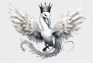 a white bird-serpent hybrid, wearing a pewter crown on its head, flying in the air tattoo idea