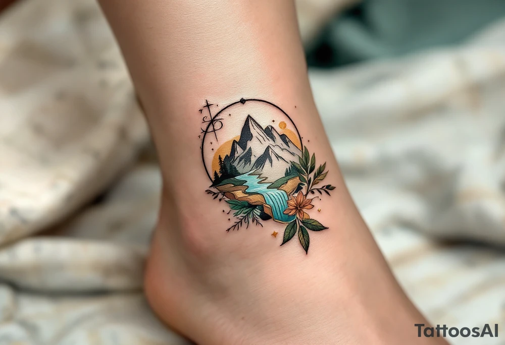 A modern geometric Virgo design, featuring earth elements like mountains, leaves, and flowing water. The tattoo is crafted in olive green, warm beige, and gold accents, emphasizing Virgo’s deep-rooted connection to nature and wisdom. tattoo idea