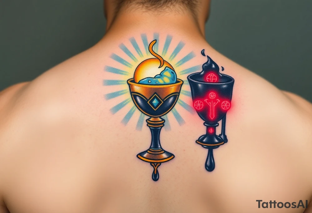 A radiant, holy grail, glowing with soft blues and golds, surrounded by soft rays of light, opposed to a dark chalice, dripping black liquid, with red glowing symbols and a menacing aura, symbolizing a search for purity and a thirst for darkness. tattoo idea