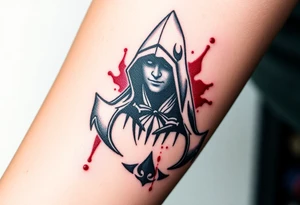 Assassins Creed emblem with Ezio hooded character with blood splashes tattoo idea