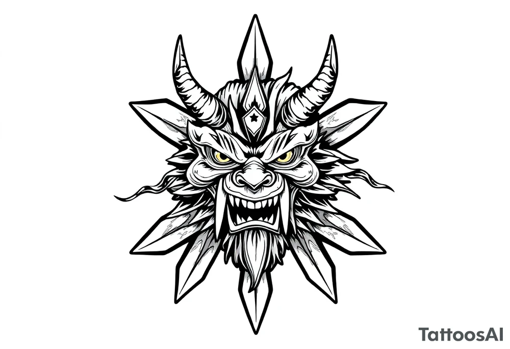 Abstract asterisk with a Japanese folklore demon from old times tattoo idea