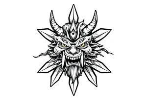 Abstract asterisk with a Japanese folklore demon from old times tattoo idea