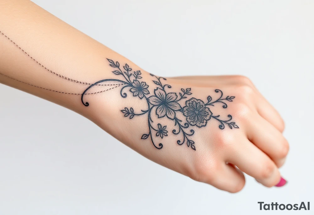 A delicate wedding bouguet flowing in the wind, adorned with lace patterns and soft, romantic shading tattoo idea