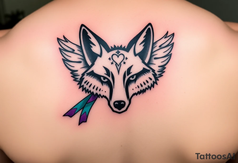 Fox racing head logo wrapped in angel wings and as one of the fox symbols ears put a thumbprint heart with a teal and purple ribbon also around the white tattoo put a lime green glow the fox head needs to be the fox racing logo tattoo idea