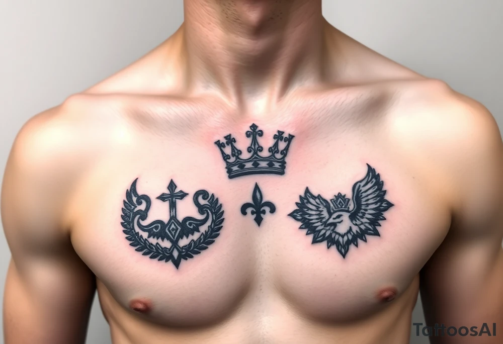 Chest tattoo, two laurier and icelandic symbols, dark brest tattoo, crown betwen laurier tattoo idea