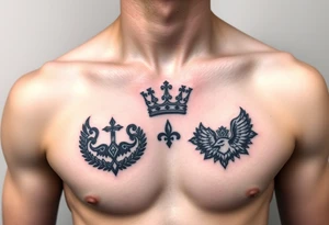Chest tattoo, two laurier and icelandic symbols, dark brest tattoo, crown betwen laurier tattoo idea