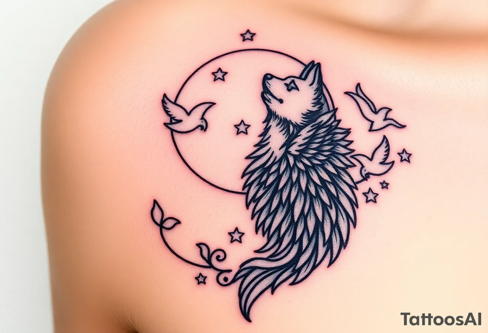 Wolf howling moon stars dove tattoo idea