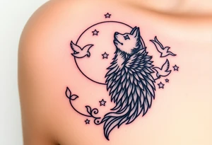 Wolf howling moon stars dove tattoo idea