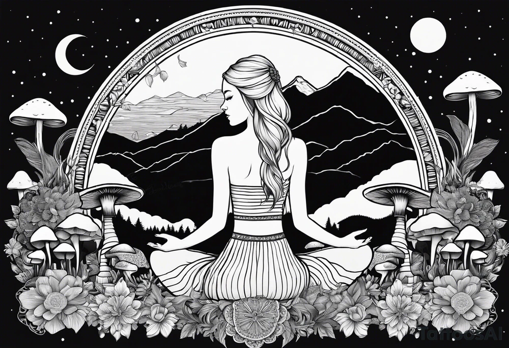 Straight blonde hair girl meditating facing away toward mountains surrounded by mushrooms crescent moon mandala circular design black and white striped dress tattoo idea