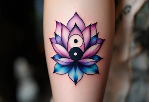 A detailed lotus flower with a yin-yang center intertwined, shaded in vibrant purples and blues, representing spiritual rebirth and karma’s endless cycle. tattoo idea