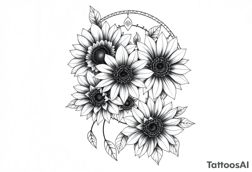Sunflowers and roses dreamcatcher tattoo idea
