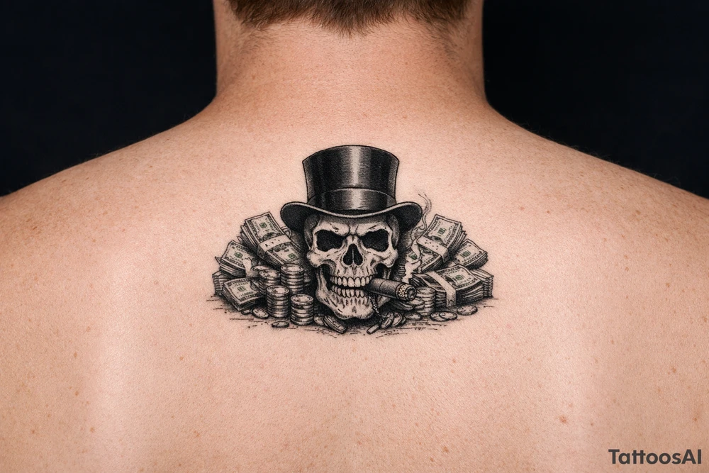 skull with cigar in mouth,top-hat,surrounded by money. tattoo idea