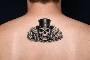 skull with cigar in mouth,top-hat,surrounded by money. tattoo idea