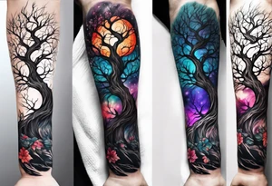 A forearm tattoo portraying a tree progressing from death to life tattoo idea