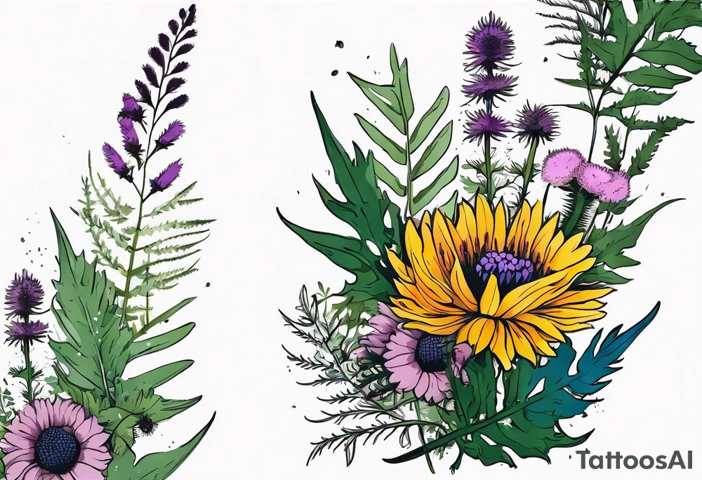 spread out mixed wildflower bouquet with ferns, thistle and with color and show the design on a leg tattoo idea