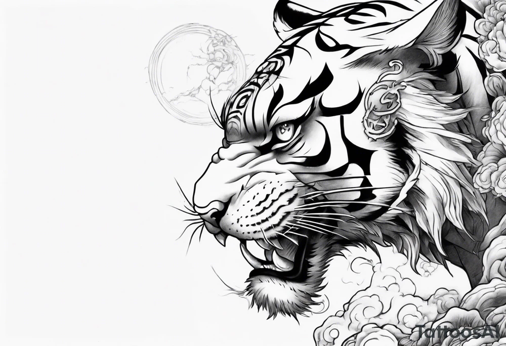 Tiger Warrior sleeve tattoo with lightning and the sun
Forearm sleeve tattoo idea