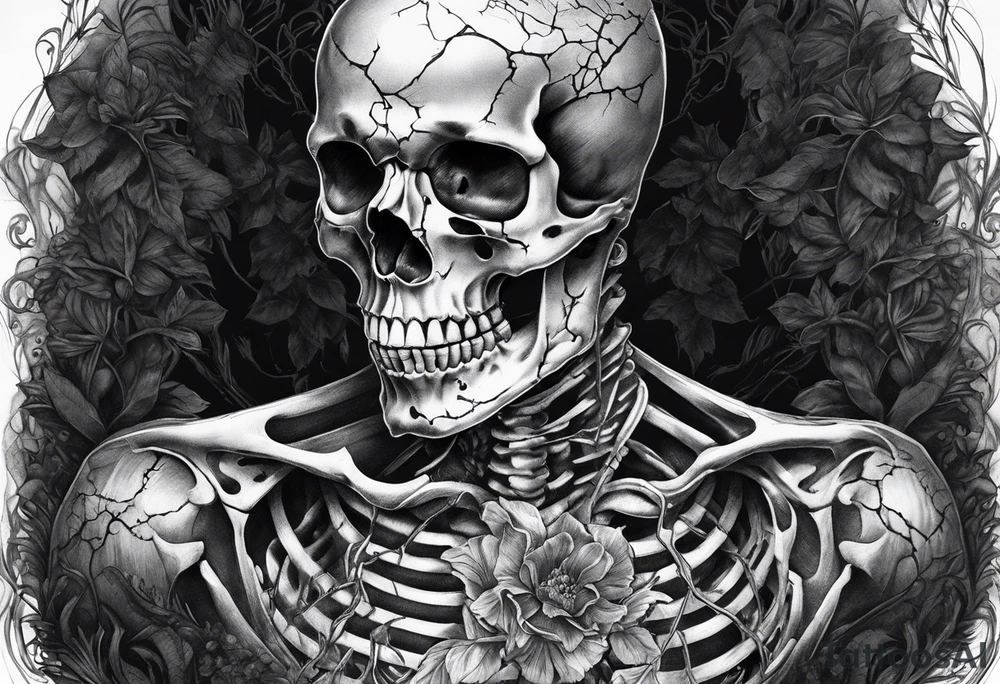 Realistic full skeleton with chest cracked and he is grasping at his heart tattoo idea