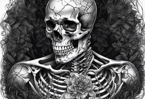 Realistic full skeleton with chest cracked and he is grasping at his heart tattoo idea