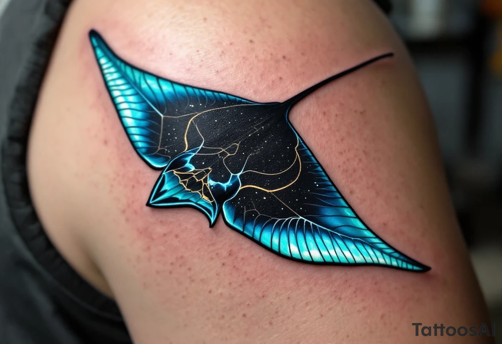 ChatGPT řekl:
A majestic ray fish with a velvety black back and an iridescent teal underside soars through the ocean, its wide, wing-like fins outlined in electric blue and trailing elegant ripples of light. tattoo idea
