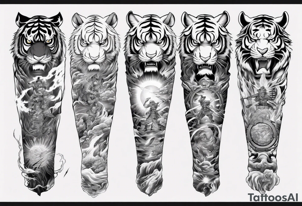 Tiger Warrior sleeve tattoo with lightning and the sun
Forearm sleeve tattoo idea