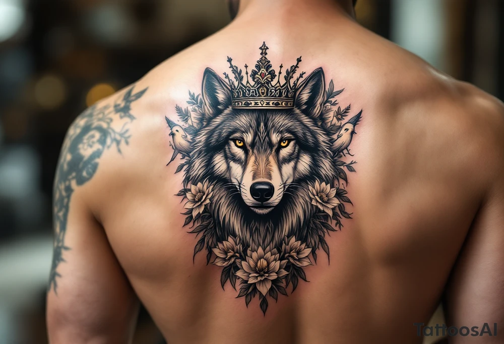 powerful majestic wolf with a crown, surrounded by floral ornaments and birds tattoo idea