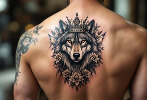 powerful majestic wolf  with a crown, surrounded by floral ornaments and birds tattoo idea