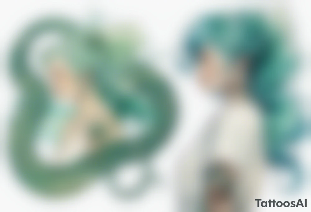a sea serpent next to a woman with blue-green hair wearing a white tunic tattoo idea