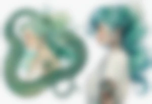 a sea serpent next to a woman with blue-green hair wearing a white tunic tattoo idea