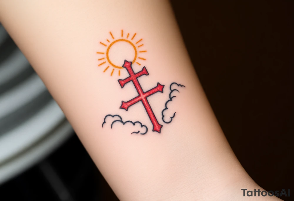 A red Templar cross with a golden halo above it, floating among soft, radiant clouds tattoo idea
