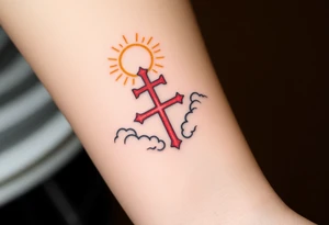 A red Templar cross with a golden halo above it, floating among soft, radiant clouds tattoo idea