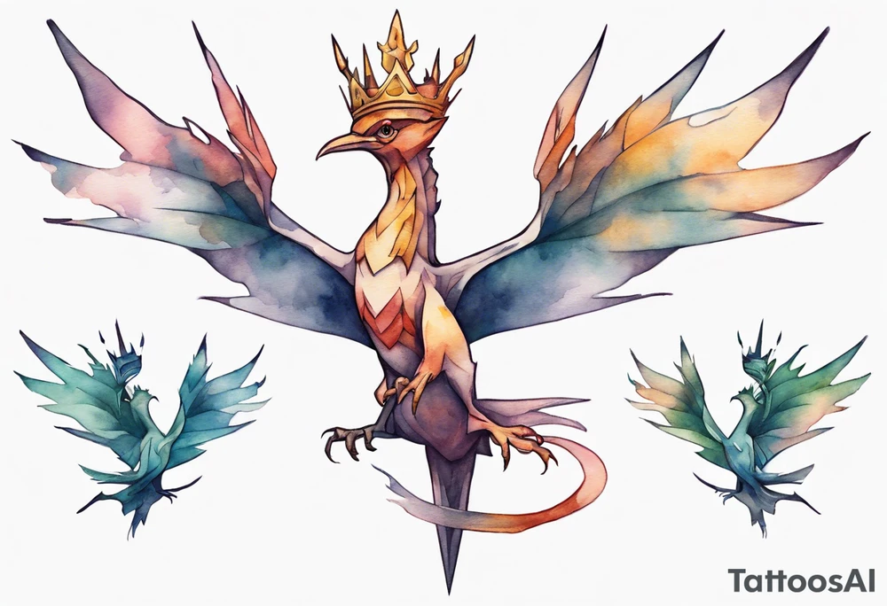 a bird-wyvern hybrid wearing a minimalist crown, flying tattoo idea
