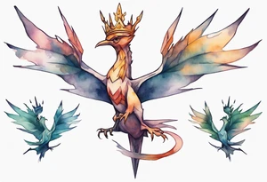a bird-wyvern hybrid wearing a minimalist crown, flying tattoo idea