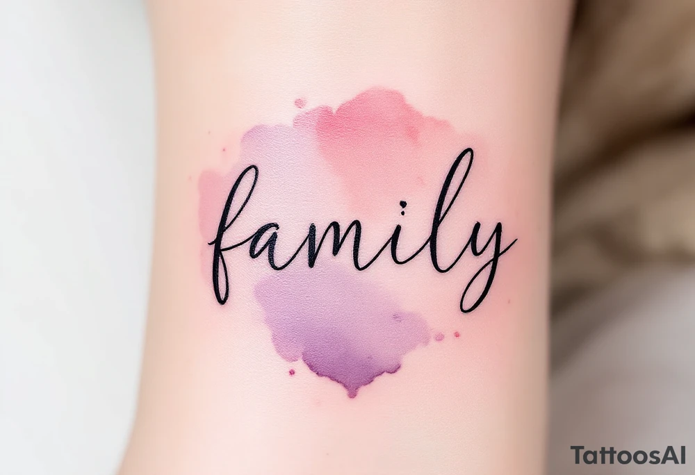 A watercolor splash in dusty rose and lavender behind the word family in sleek black ink. tattoo idea