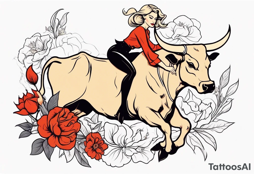 a blonde beautiful woman wearing devil costume rides a bull old school flowers tattoo idea