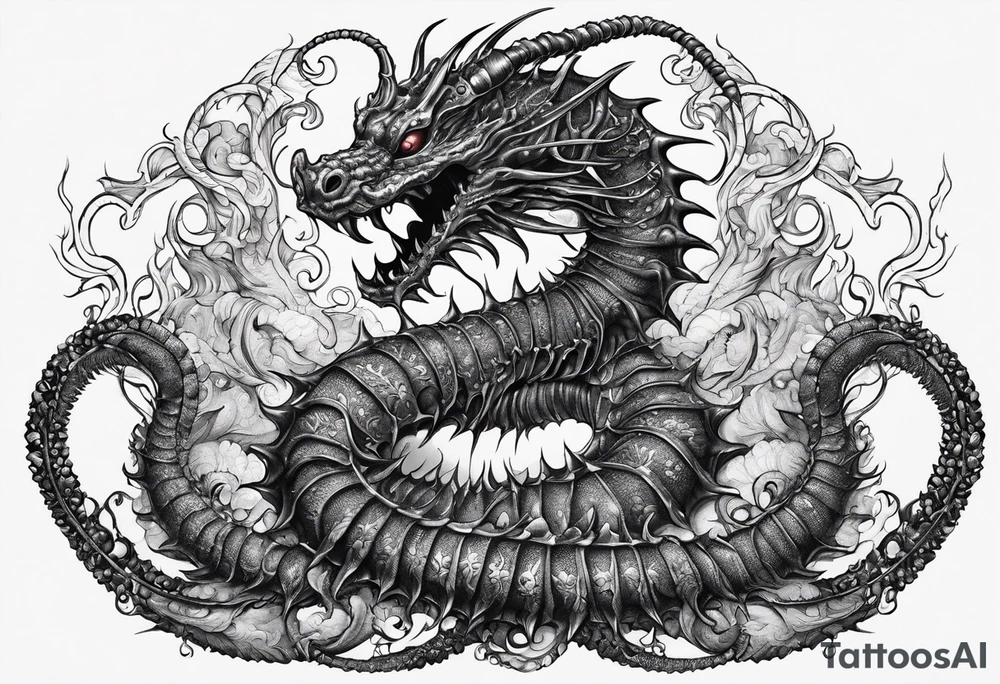 medieval  demonic centipede warped on the collar bone with a fine point and sketch style tattoo idea