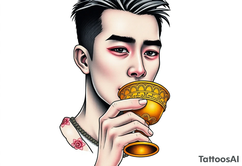 Handsome Asian young guy is drinking from medieval golden cup tattoo idea