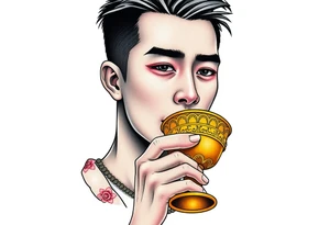 Handsome Asian young guy is drinking from medieval golden cup tattoo idea